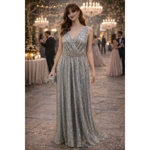 Prom Wedding Fairy Elegant Icy Blue Gold Metallic David's Bridal Maxi 21 Dress